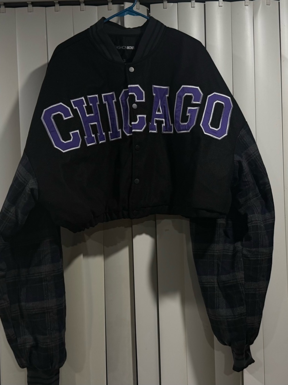 Chicago Cropped Letterman Jacket in Black and Purple